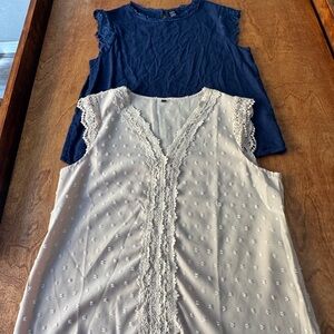 Elegant Lace Trim Women's Tops - Navy Blue and Cream